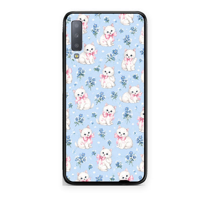 Θήκη Samsung Galaxy A7 2018 White Kittens and Blue Flowers Small από τη Smartfits με σχέδιο στο πίσω μέρος και μαύρο περίβλημα | Samsung Galaxy A7 2018 White Kittens and Blue Flowers Small case with colorful back and black bezels