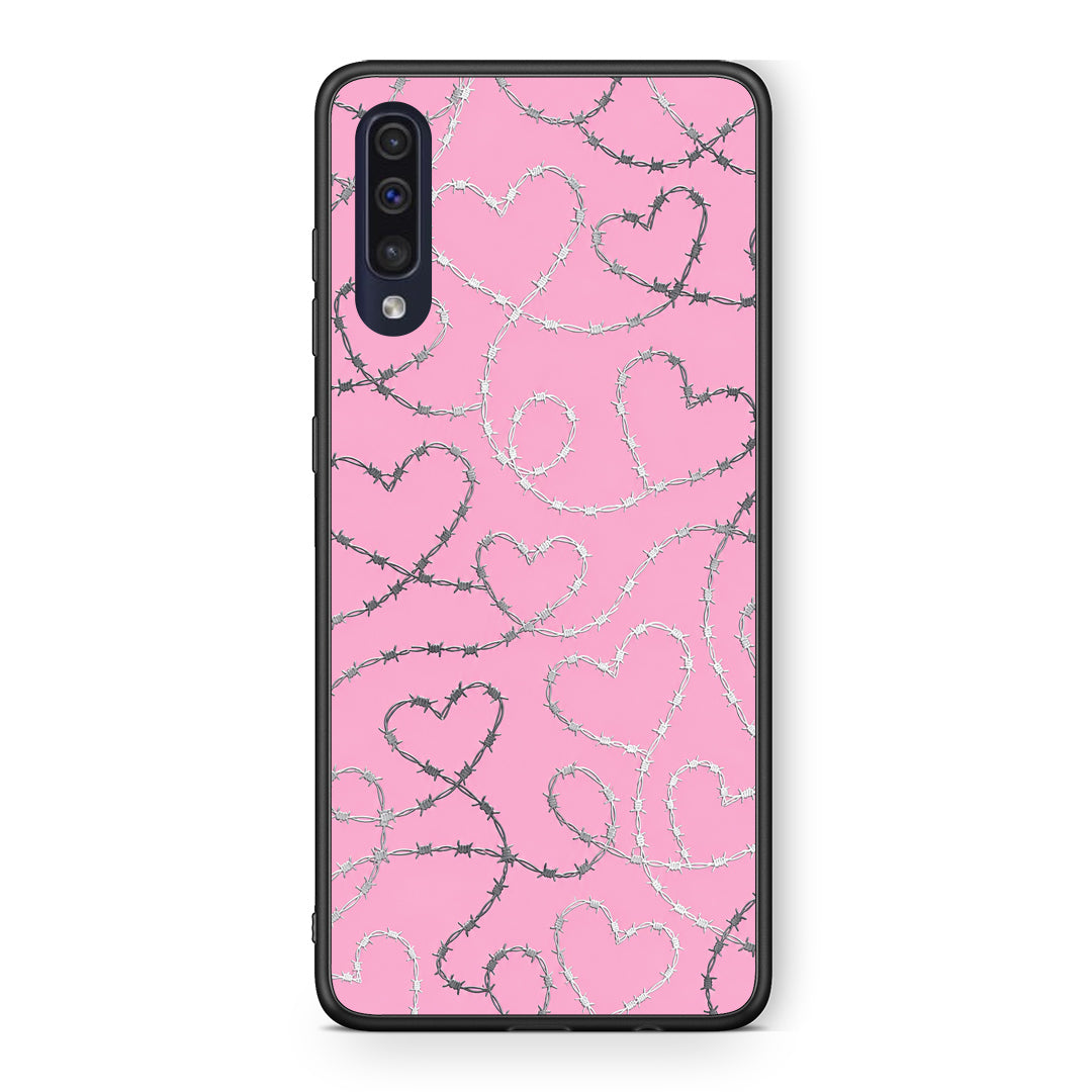Θήκη Samsung Galaxy A70 Barbed Wire Hearts on Pink από τη Smartfits με σχέδιο στο πίσω μέρος και μαύρο περίβλημα | Samsung Galaxy A70 Barbed Wire Hearts on Pink case with colorful back and black bezels