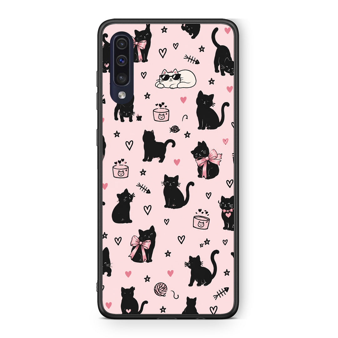 Θήκη Samsung Galaxy A70 Black Cat Doodles on Pink από τη Smartfits με σχέδιο στο πίσω μέρος και μαύρο περίβλημα | Samsung Galaxy A70 Black Cat Doodles on Pink case with colorful back and black bezels