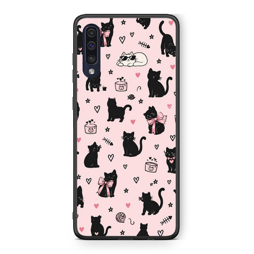 Θήκη Samsung Galaxy A70 Black Cat Doodles on Pink από τη Smartfits με σχέδιο στο πίσω μέρος και μαύρο περίβλημα | Samsung Galaxy A70 Black Cat Doodles on Pink case with colorful back and black bezels