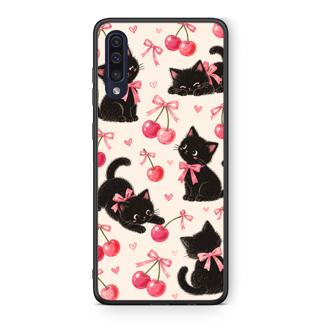 Θήκη Samsung Galaxy A70 Black Kittens and Cherries on Cream από τη Smartfits με σχέδιο στο πίσω μέρος και μαύρο περίβλημα | Samsung Galaxy A70 Black Kittens and Cherries on Cream case with colorful back and black bezels