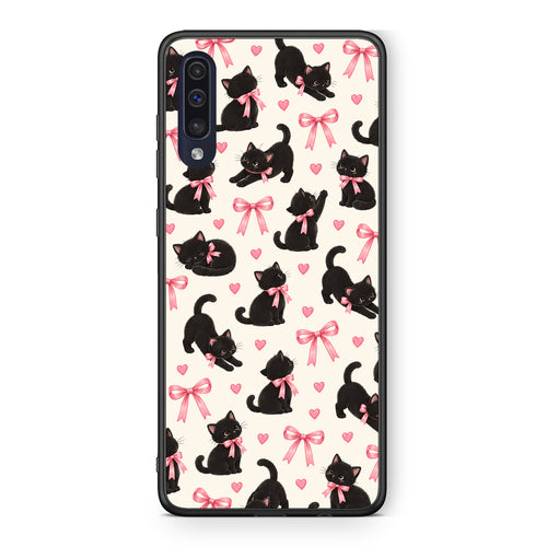 Θήκη Samsung Galaxy A70 Black Kittens and Pink Bows on Cream Small από τη Smartfits με σχέδιο στο πίσω μέρος και μαύρο περίβλημα | Samsung Galaxy A70 Black Kittens and Pink Bows on Cream Small case with colorful back and black bezels