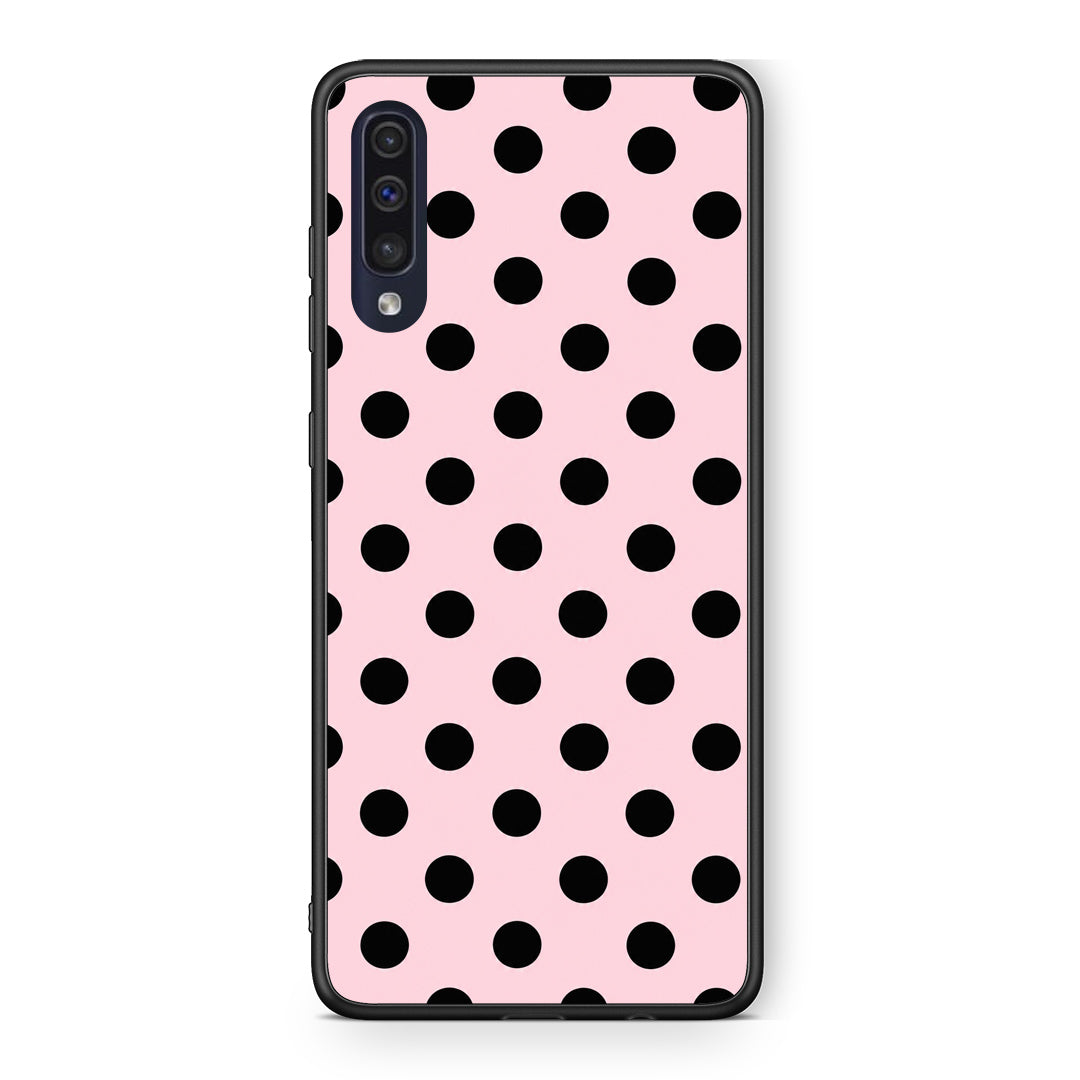 Θήκη Samsung Galaxy A70 Black Polka Dots on Pink από τη Smartfits με σχέδιο στο πίσω μέρος και μαύρο περίβλημα | Samsung Galaxy A70 Black Polka Dots on Pink case with colorful back and black bezels