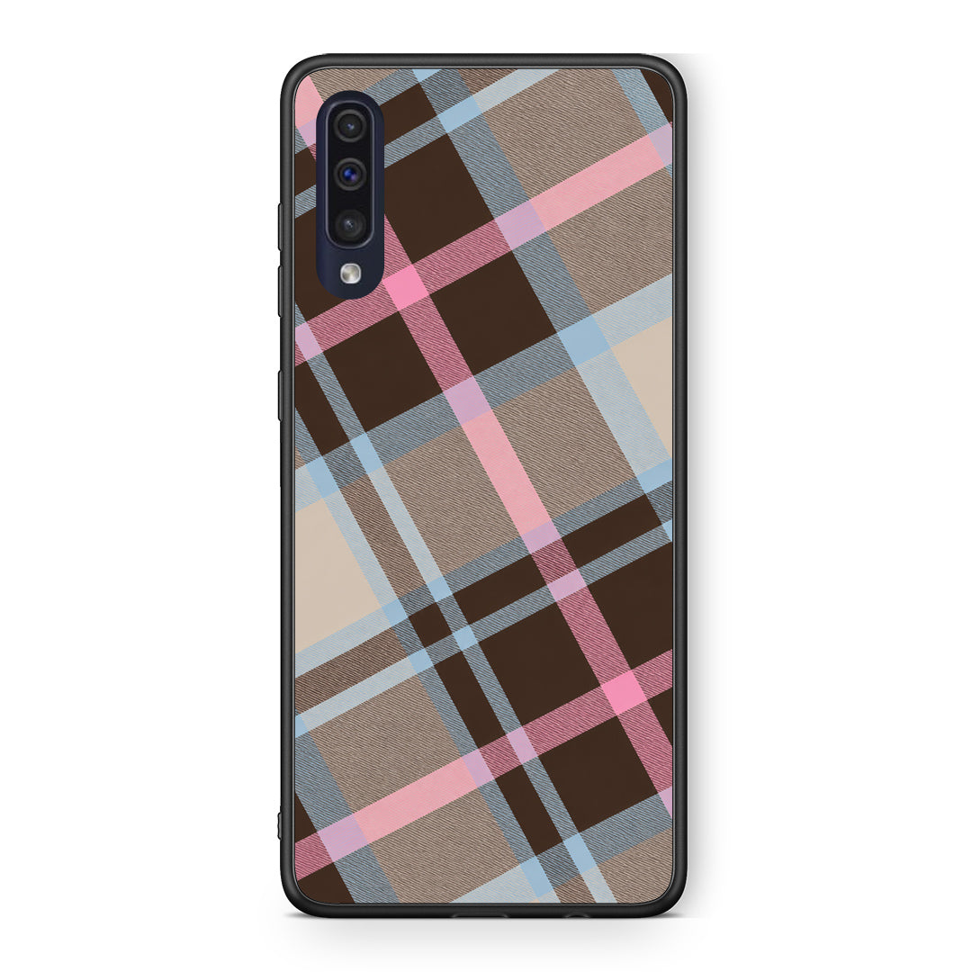 Θήκη Samsung Galaxy A70 Brown Pink and Blue Diagonal Plaid από τη Smartfits με σχέδιο στο πίσω μέρος και μαύρο περίβλημα | Samsung Galaxy A70 Brown Pink and Blue Diagonal Plaid case with colorful back and black bezels