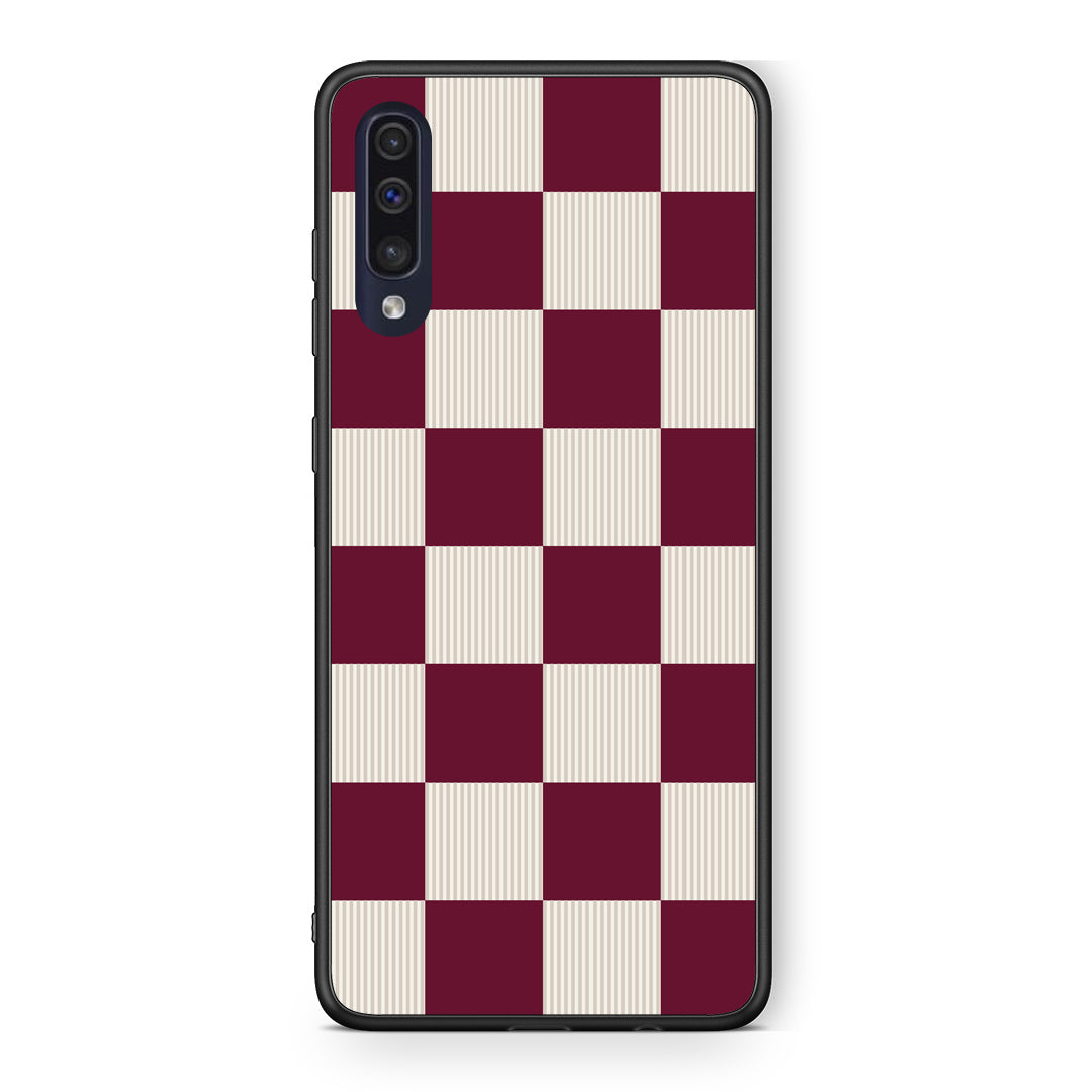 Θήκη Samsung Galaxy A70 Burgundy and Cream Striped Checks από τη Smartfits με σχέδιο στο πίσω μέρος και μαύρο περίβλημα | Samsung Galaxy A70 Burgundy and Cream Striped Checks case with colorful back and black bezels