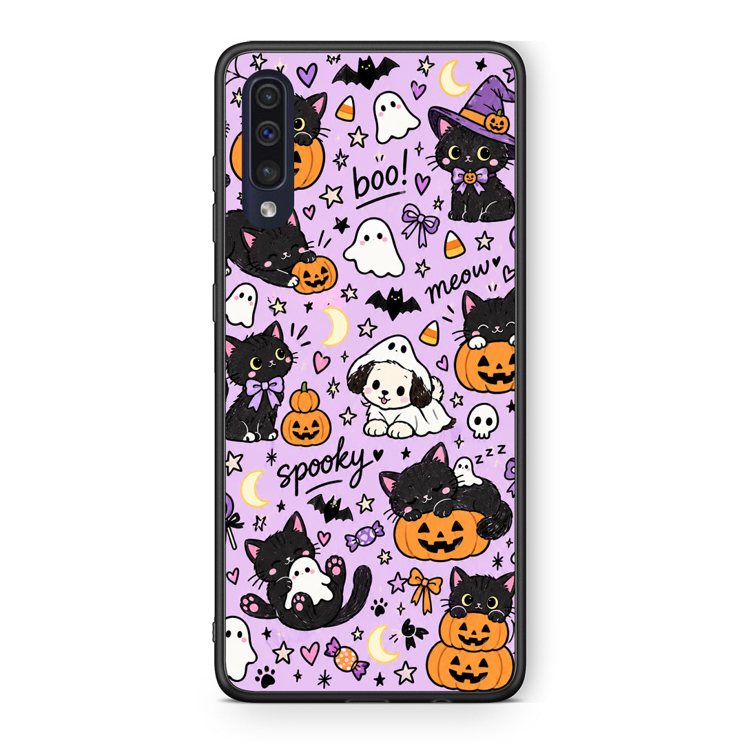 Θήκη Samsung Galaxy A70 Halloween Black Cats on Lilac από τη Smartfits με σχέδιο στο πίσω μέρος και μαύρο περίβλημα | Samsung Galaxy A70 Halloween Black Cats on Lilac case with colorful back and black bezels