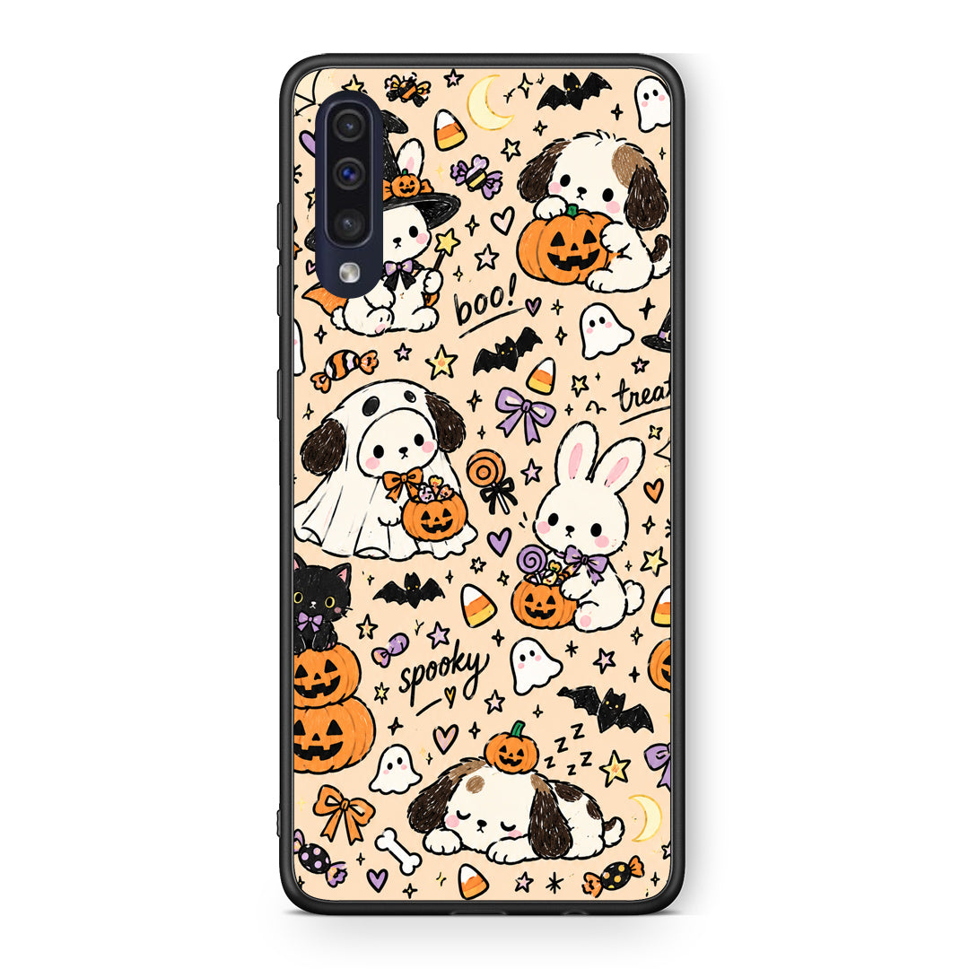 Θήκη Samsung Galaxy A70 Halloween Puppies and Friends on Cream από τη Smartfits με σχέδιο στο πίσω μέρος και μαύρο περίβλημα | Samsung Galaxy A70 Halloween Puppies and Friends on Cream case with colorful back and black bezels