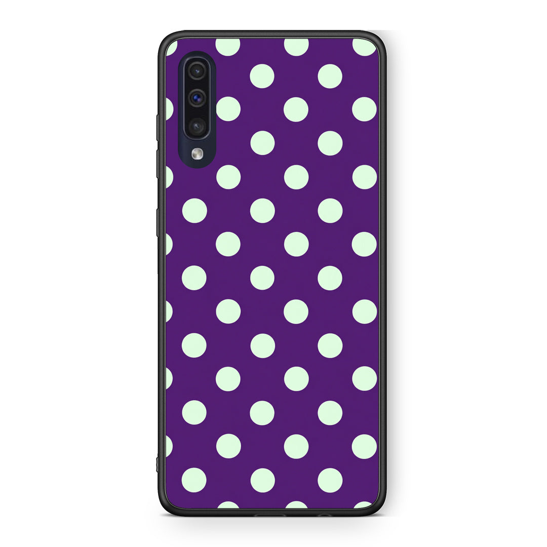 Θήκη Samsung Galaxy A70 Mint Polka Dots on Purple από τη Smartfits με σχέδιο στο πίσω μέρος και μαύρο περίβλημα | Samsung Galaxy A70 Mint Polka Dots on Purple case with colorful back and black bezels