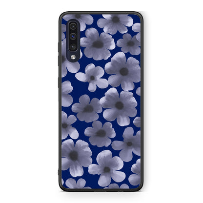 Θήκη Samsung Galaxy A70 Pale Blue Flowers on Navy από τη Smartfits με σχέδιο στο πίσω μέρος και μαύρο περίβλημα | Samsung Galaxy A70 Pale Blue Flowers on Navy case with colorful back and black bezels