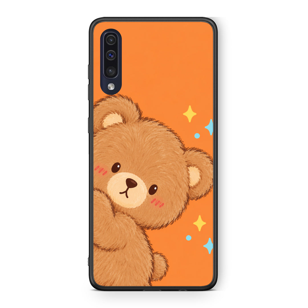 Θήκη Samsung Galaxy A70 Peekaboo Teddy on Orange από τη Smartfits με σχέδιο στο πίσω μέρος και μαύρο περίβλημα | Samsung Galaxy A70 Peekaboo Teddy on Orange case with colorful back and black bezels