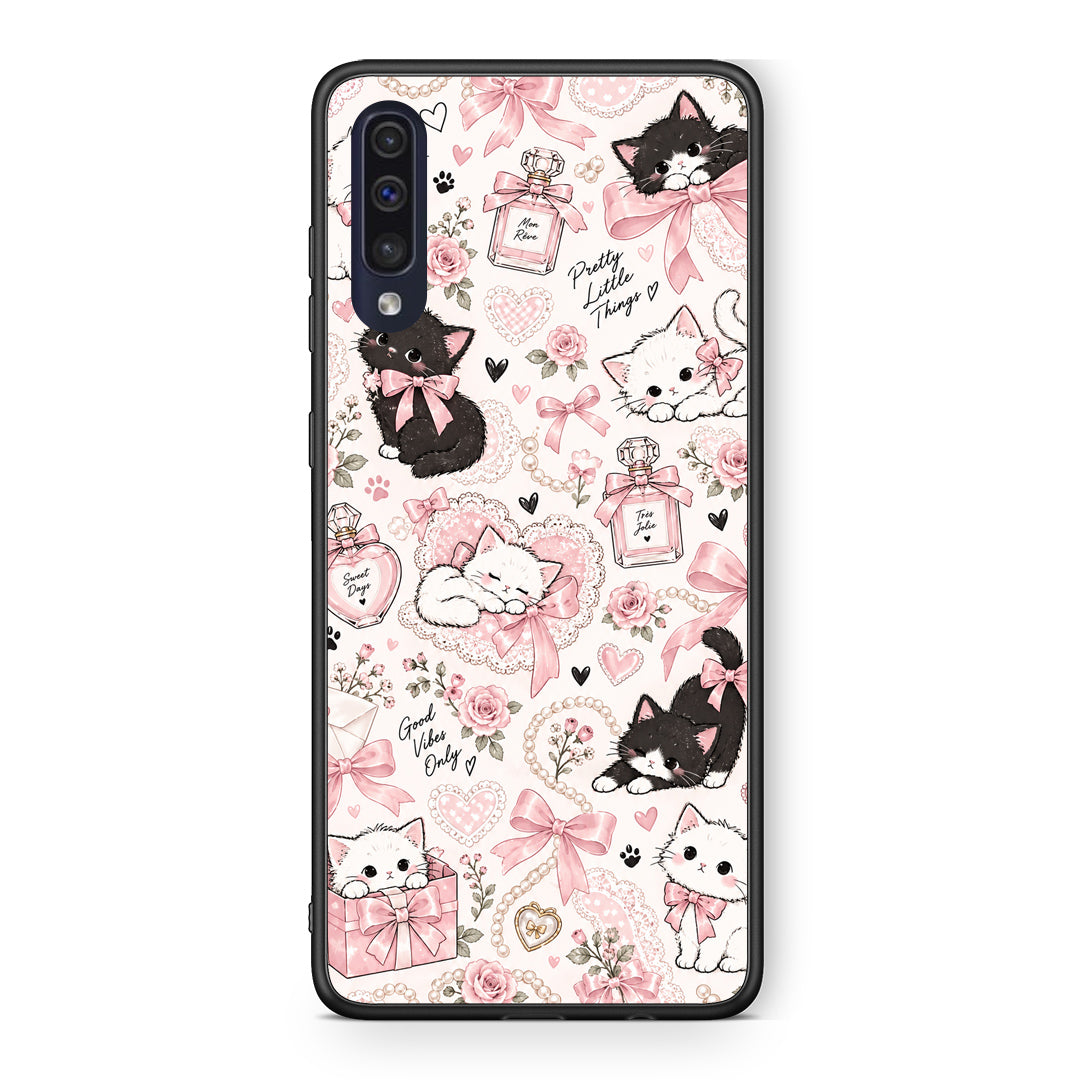 Θήκη Samsung Galaxy A70 Pink Bows and Kittens Collage από τη Smartfits με σχέδιο στο πίσω μέρος και μαύρο περίβλημα | Samsung Galaxy A70 Pink Bows and Kittens Collage case with colorful back and black bezels