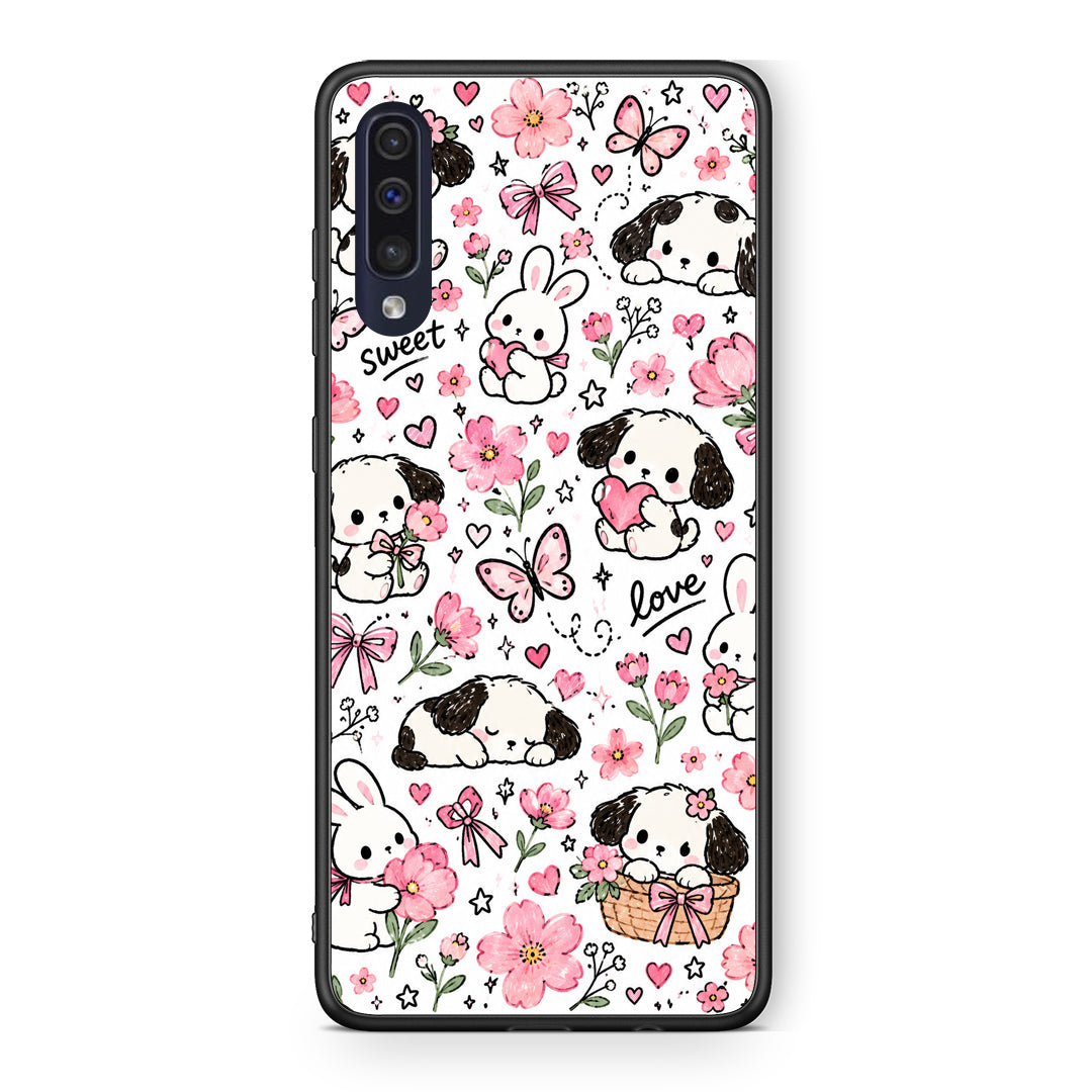 Θήκη Samsung Galaxy A70 Pink Florals Puppies and Bunnies on White από τη Smartfits με σχέδιο στο πίσω μέρος και μαύρο περίβλημα | Samsung Galaxy A70 Pink Florals Puppies and Bunnies on White case with colorful back and black bezels
