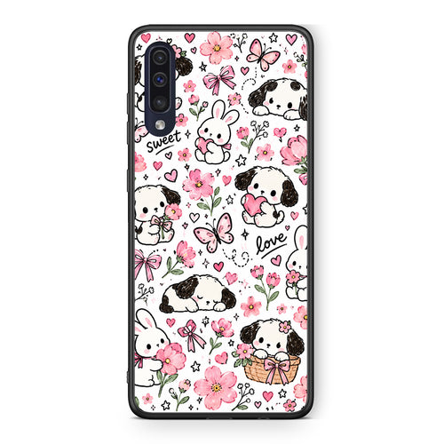 Θήκη Samsung Galaxy A70 Pink Florals Puppies and Bunnies on White από τη Smartfits με σχέδιο στο πίσω μέρος και μαύρο περίβλημα | Samsung Galaxy A70 Pink Florals Puppies and Bunnies on White case with colorful back and black bezels