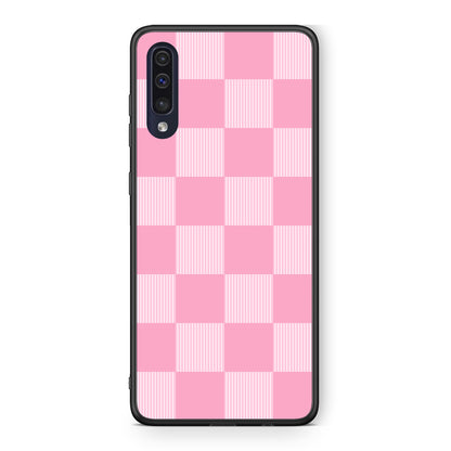 Θήκη Samsung Galaxy A70 Pink and White Striped Checks από τη Smartfits με σχέδιο στο πίσω μέρος και μαύρο περίβλημα | Samsung Galaxy A70 Pink and White Striped Checks case with colorful back and black bezels