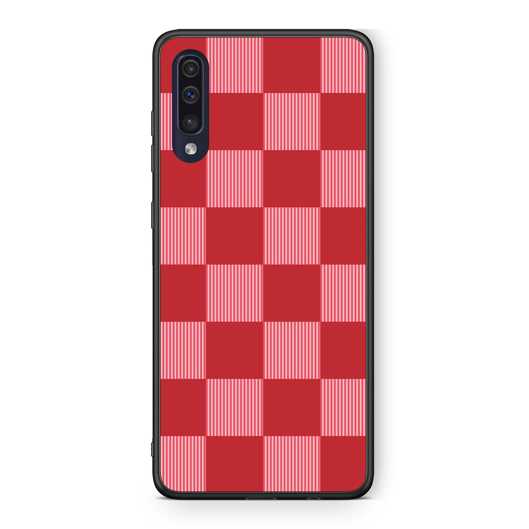 Θήκη Samsung Galaxy A70 Red and Pink Striped Checks από τη Smartfits με σχέδιο στο πίσω μέρος και μαύρο περίβλημα | Samsung Galaxy A70 Red and Pink Striped Checks case with colorful back and black bezels
