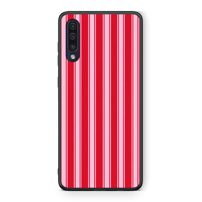 Θήκη Samsung Galaxy A70 Red and Pink Vertical Pinstripes από τη Smartfits με σχέδιο στο πίσω μέρος και μαύρο περίβλημα | Samsung Galaxy A70 Red and Pink Vertical Pinstripes case with colorful back and black bezels