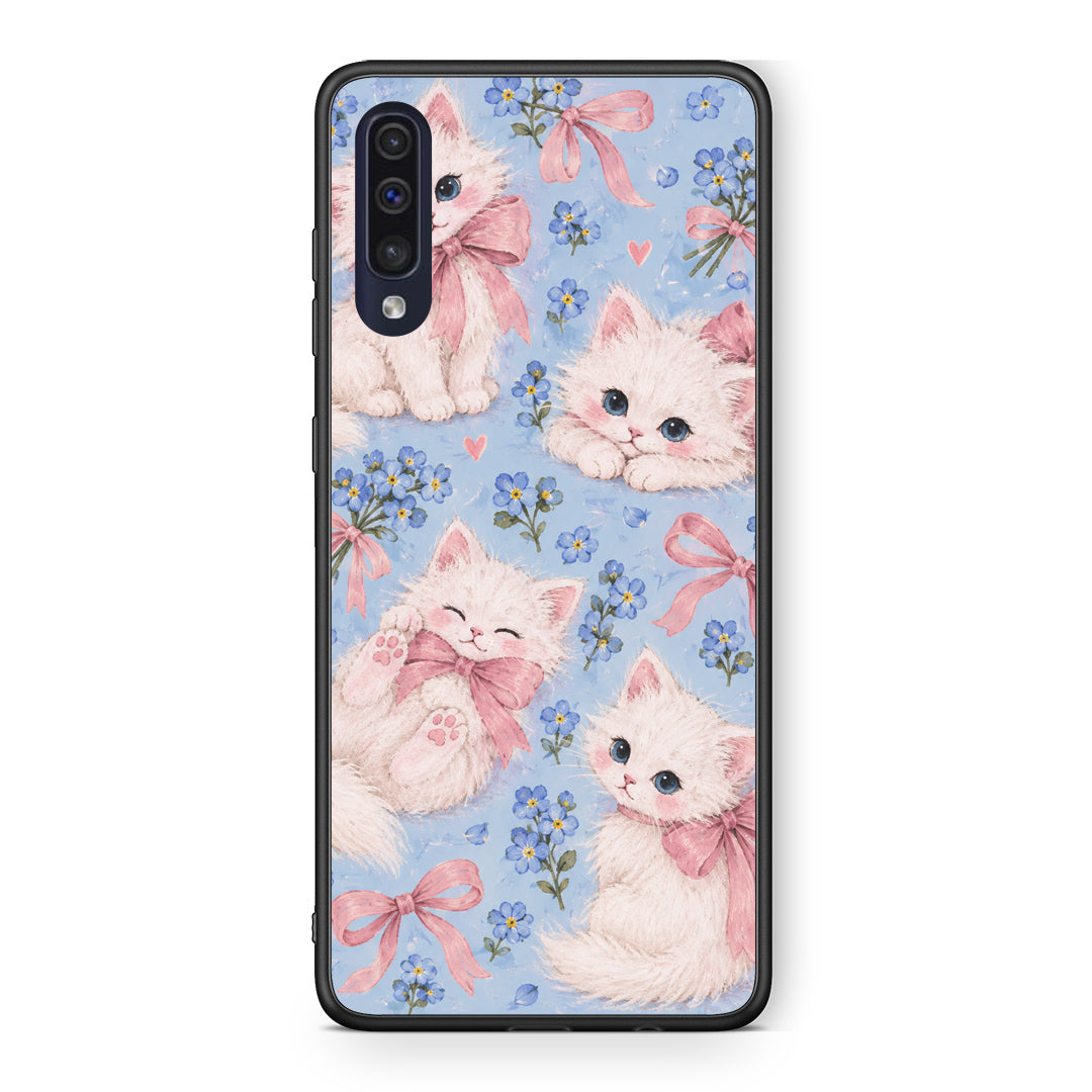 Θήκη Samsung Galaxy A70 White Kittens and Blue Flowers Large από τη Smartfits με σχέδιο στο πίσω μέρος και μαύρο περίβλημα | Samsung Galaxy A70 White Kittens and Blue Flowers Large case with colorful back and black bezels