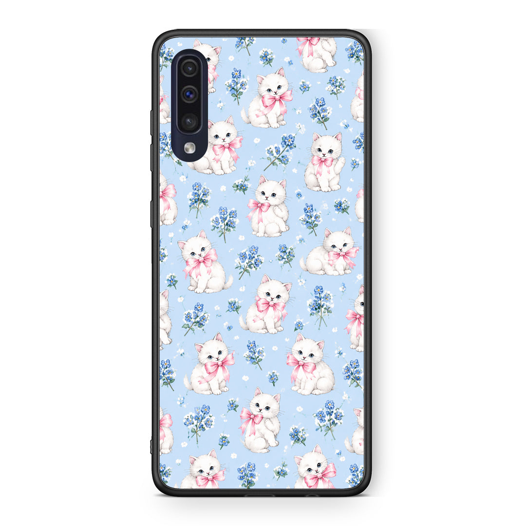 Θήκη Samsung Galaxy A70 White Kittens and Blue Flowers Small από τη Smartfits με σχέδιο στο πίσω μέρος και μαύρο περίβλημα | Samsung Galaxy A70 White Kittens and Blue Flowers Small case with colorful back and black bezels