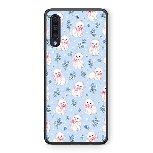 Θήκη Samsung Galaxy A70 White Kittens and Blue Flowers Small από τη Smartfits με σχέδιο στο πίσω μέρος και μαύρο περίβλημα | Samsung Galaxy A70 White Kittens and Blue Flowers Small case with colorful back and black bezels