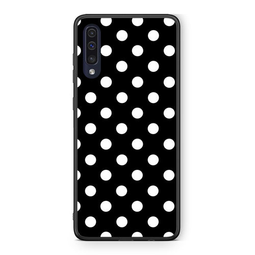 Θήκη Samsung Galaxy A70 White Polka Dots on Black από τη Smartfits με σχέδιο στο πίσω μέρος και μαύρο περίβλημα | Samsung Galaxy A70 White Polka Dots on Black case with colorful back and black bezels