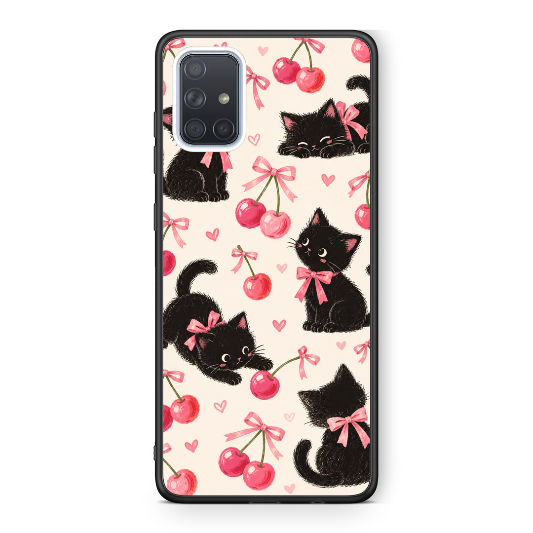 Θήκη Samsung Galaxy A71 Black Kittens and Cherries on Cream από τη Smartfits με σχέδιο στο πίσω μέρος και μαύρο περίβλημα | Samsung Galaxy A71 Black Kittens and Cherries on Cream case with colorful back and black bezels