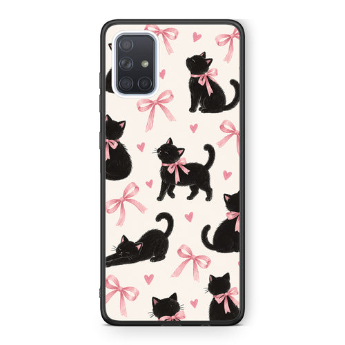 Θήκη Samsung Galaxy A71 Black Kittens and Pink Bows on Cream Large από τη Smartfits με σχέδιο στο πίσω μέρος και μαύρο περίβλημα | Samsung Galaxy A71 Black Kittens and Pink Bows on Cream Large case with colorful back and black bezels