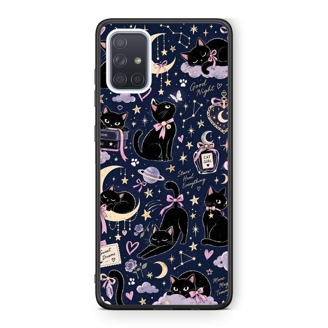 Θήκη Samsung Galaxy A71 Celestial Black Cats on Navy από τη Smartfits με σχέδιο στο πίσω μέρος και μαύρο περίβλημα | Samsung Galaxy A71 Celestial Black Cats on Navy case with colorful back and black bezels