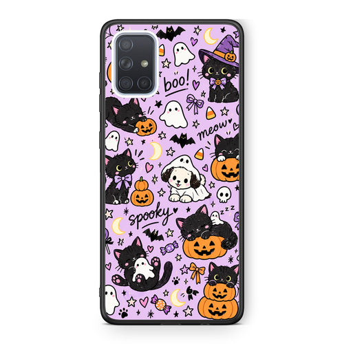 Θήκη Samsung Galaxy A71 Halloween Black Cats on Lilac από τη Smartfits με σχέδιο στο πίσω μέρος και μαύρο περίβλημα | Samsung Galaxy A71 Halloween Black Cats on Lilac case with colorful back and black bezels