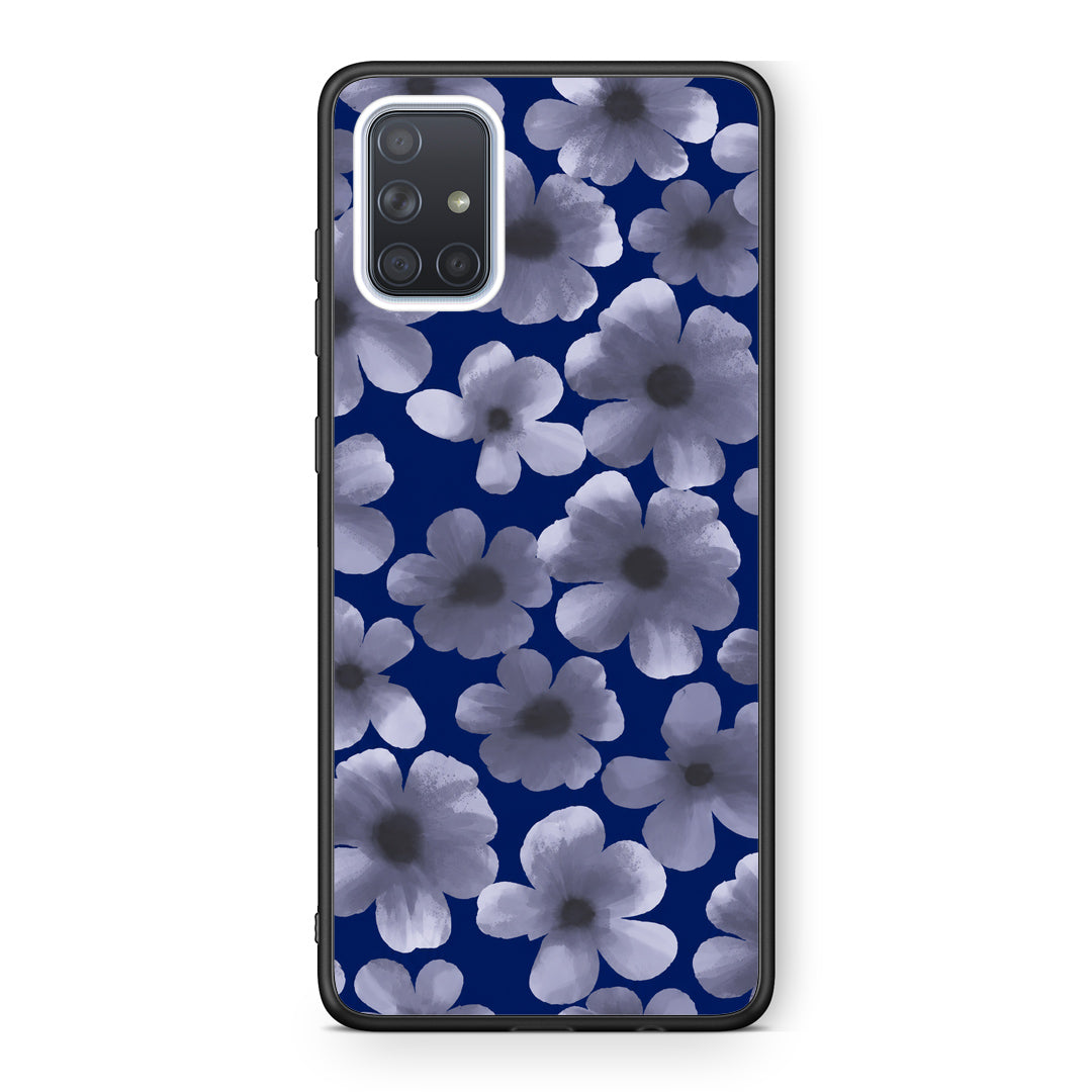 Θήκη Samsung Galaxy A71 Pale Blue Flowers on Navy από τη Smartfits με σχέδιο στο πίσω μέρος και μαύρο περίβλημα | Samsung Galaxy A71 Pale Blue Flowers on Navy case with colorful back and black bezels