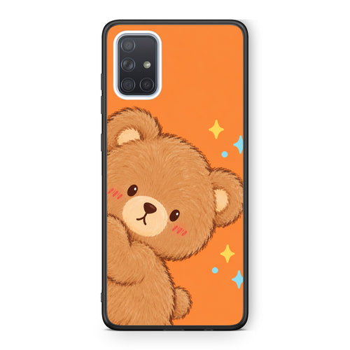 Θήκη Samsung Galaxy A71 Peekaboo Teddy on Orange από τη Smartfits με σχέδιο στο πίσω μέρος και μαύρο περίβλημα | Samsung Galaxy A71 Peekaboo Teddy on Orange case with colorful back and black bezels