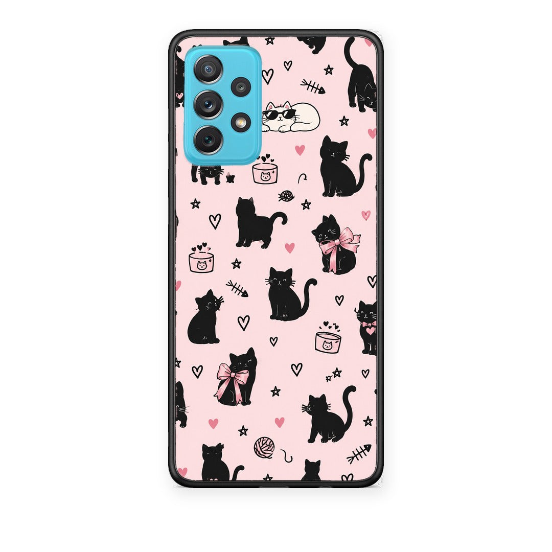 Θήκη Samsung Galaxy A72 Black Cat Doodles on Pink από τη Smartfits με σχέδιο στο πίσω μέρος και μαύρο περίβλημα | Samsung Galaxy A72 Black Cat Doodles on Pink case with colorful back and black bezels