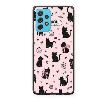 Θήκη Samsung Galaxy A72 Black Cat Doodles on Pink από τη Smartfits με σχέδιο στο πίσω μέρος και μαύρο περίβλημα | Samsung Galaxy A72 Black Cat Doodles on Pink case with colorful back and black bezels