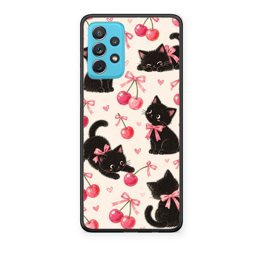 Θήκη Samsung Galaxy A72 Black Kittens and Cherries on Cream από τη Smartfits με σχέδιο στο πίσω μέρος και μαύρο περίβλημα | Samsung Galaxy A72 Black Kittens and Cherries on Cream case with colorful back and black bezels