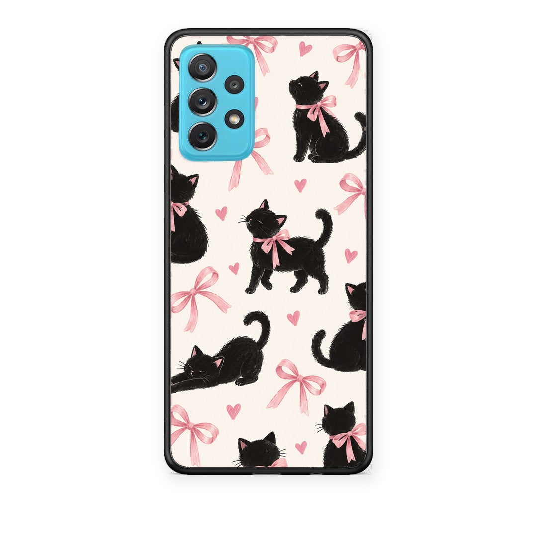 Θήκη Samsung Galaxy A72 Black Kittens and Pink Bows on Cream Large από τη Smartfits με σχέδιο στο πίσω μέρος και μαύρο περίβλημα | Samsung Galaxy A72 Black Kittens and Pink Bows on Cream Large case with colorful back and black bezels