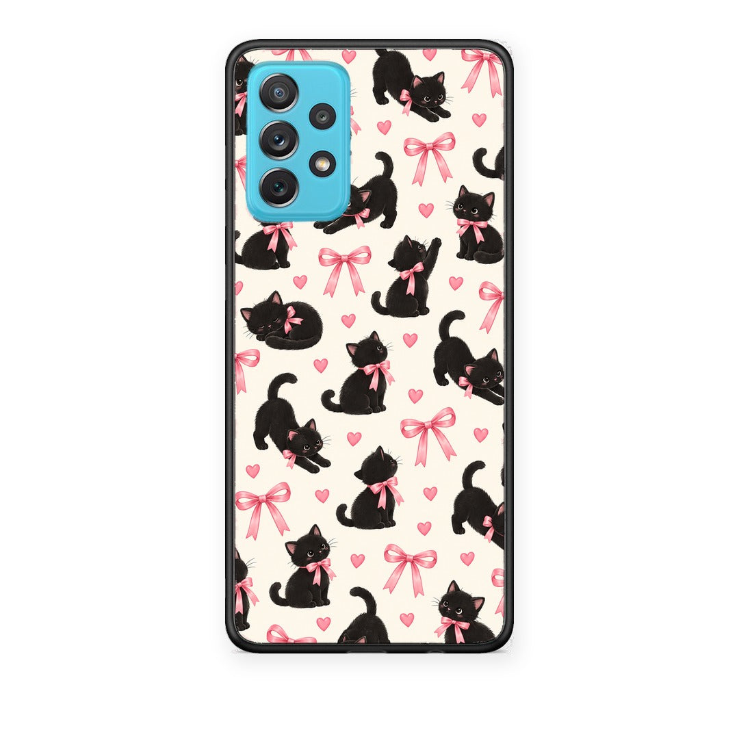Θήκη Samsung Galaxy A72 Black Kittens and Pink Bows on Cream Small από τη Smartfits με σχέδιο στο πίσω μέρος και μαύρο περίβλημα | Samsung Galaxy A72 Black Kittens and Pink Bows on Cream Small case with colorful back and black bezels
