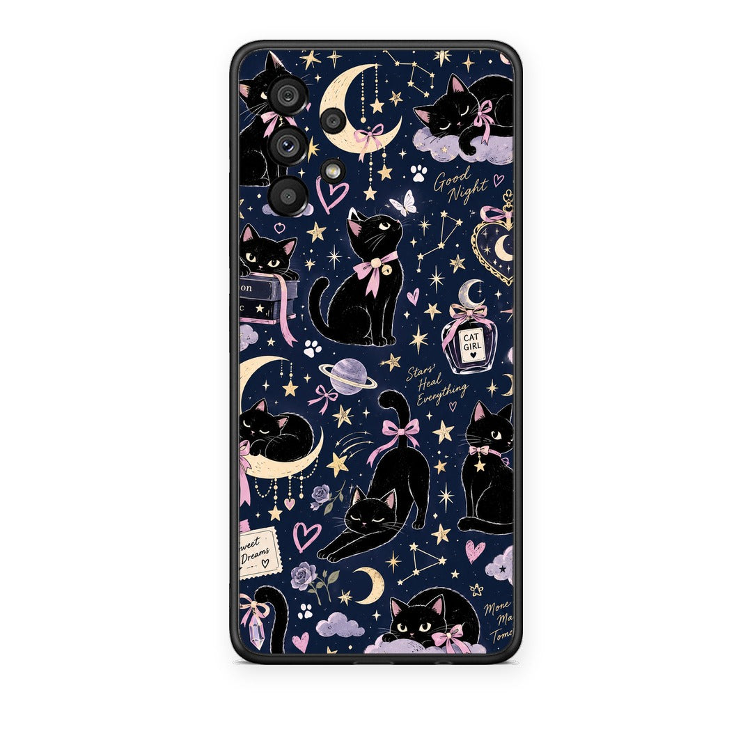 Θήκη Samsung Galaxy A73 5G Celestial Black Cats on Navy από τη Smartfits με σχέδιο στο πίσω μέρος και μαύρο περίβλημα | Samsung Galaxy A73 5G Celestial Black Cats on Navy case with colorful back and black bezels