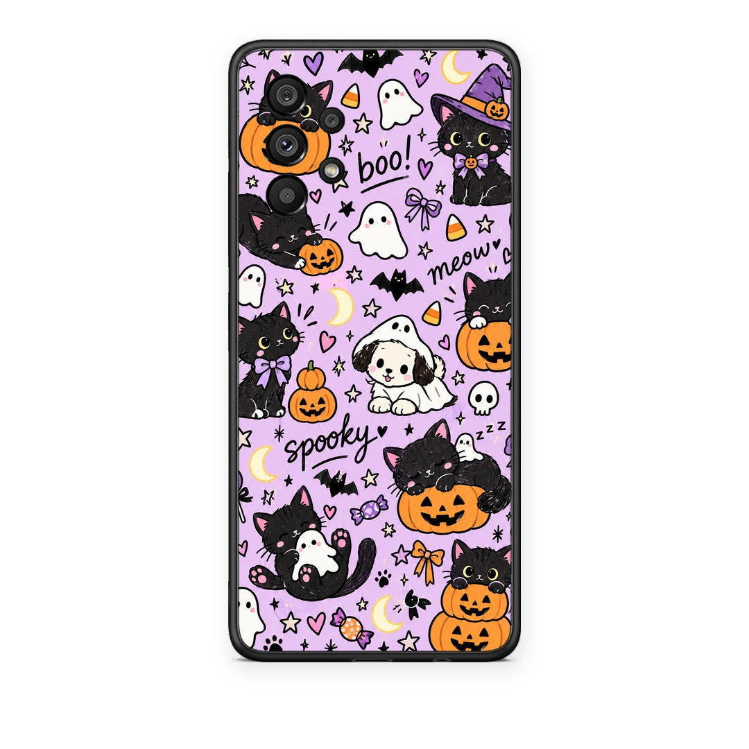 Θήκη Samsung Galaxy A73 5G Halloween Black Cats on Lilac από τη Smartfits με σχέδιο στο πίσω μέρος και μαύρο περίβλημα | Samsung Galaxy A73 5G Halloween Black Cats on Lilac case with colorful back and black bezels