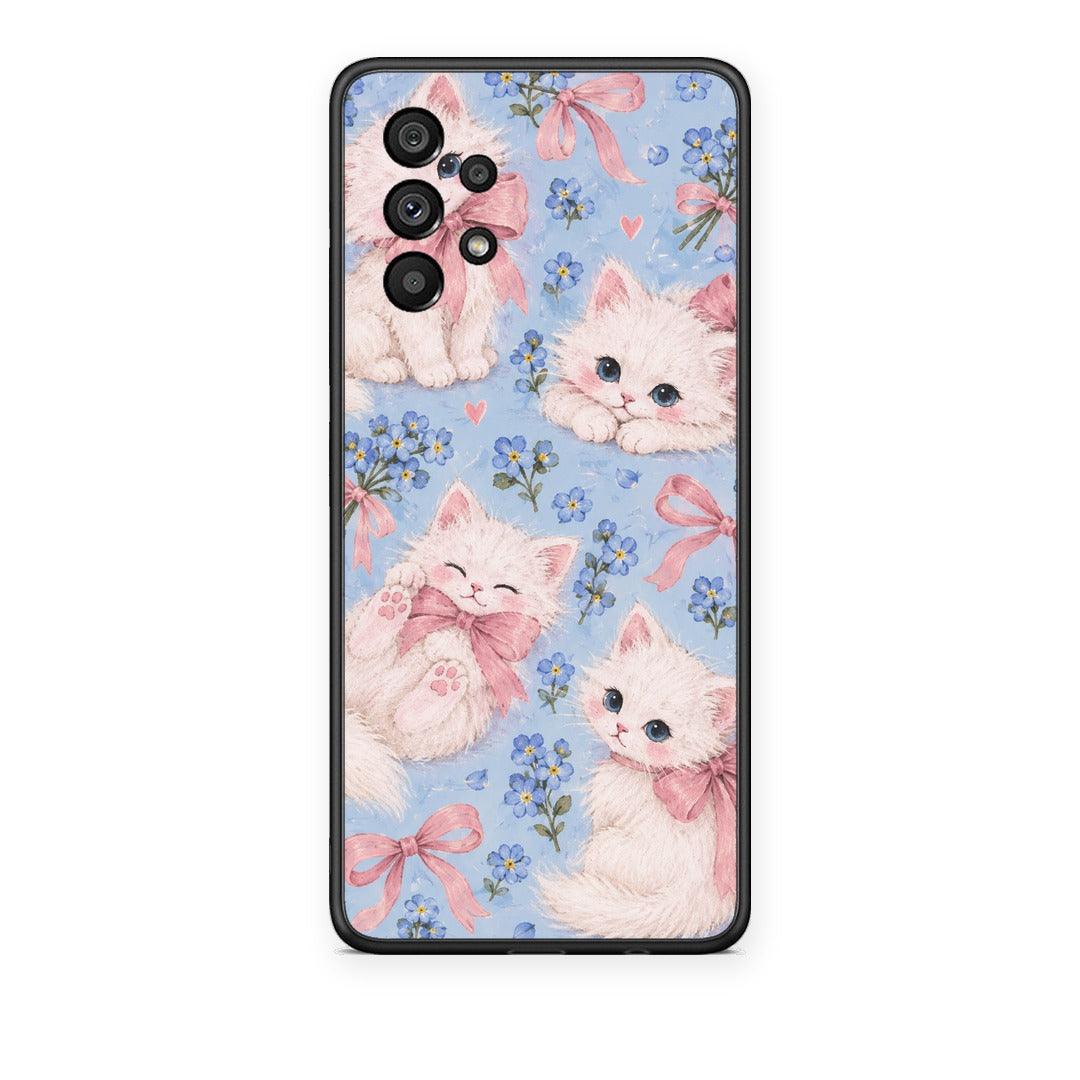 Θήκη Samsung Galaxy A73 5G White Kittens and Blue Flowers Large από τη Smartfits με σχέδιο στο πίσω μέρος και μαύρο περίβλημα | Samsung Galaxy A73 5G White Kittens and Blue Flowers Large case with colorful back and black bezels