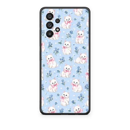 Θήκη Samsung Galaxy A73 5G White Kittens and Blue Flowers Small από τη Smartfits με σχέδιο στο πίσω μέρος και μαύρο περίβλημα | Samsung Galaxy A73 5G White Kittens and Blue Flowers Small case with colorful back and black bezels