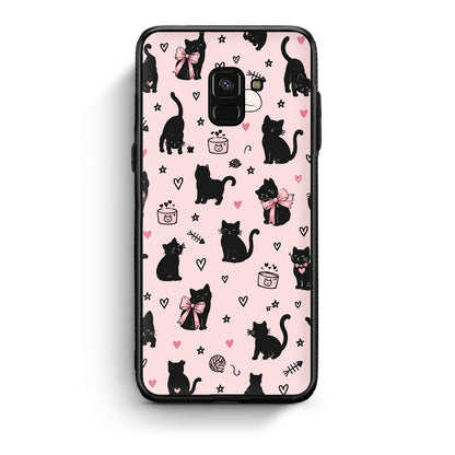 Θήκη Samsung Galaxy A8 Black Cat Doodles on Pink από τη Smartfits με σχέδιο στο πίσω μέρος και μαύρο περίβλημα | Samsung Galaxy A8 Black Cat Doodles on Pink case with colorful back and black bezels