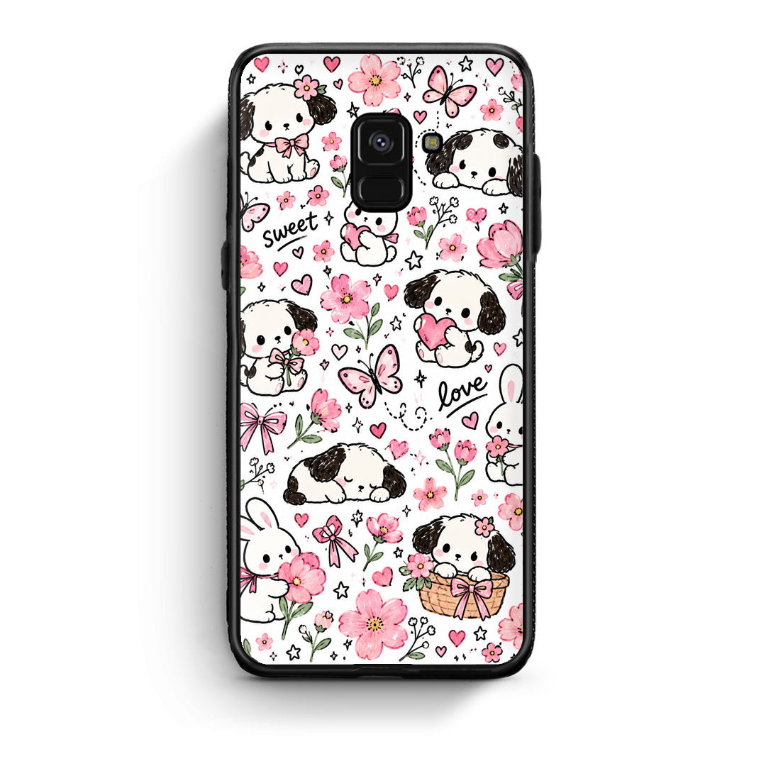 Θήκη Samsung Galaxy A8 Pink Florals Puppies and Bunnies on White από τη Smartfits με σχέδιο στο πίσω μέρος και μαύρο περίβλημα | Samsung Galaxy A8 Pink Florals Puppies and Bunnies on White case with colorful back and black bezels