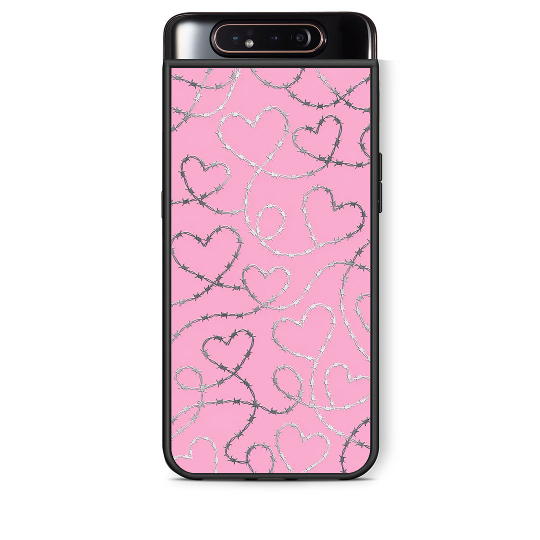 Θήκη Samsung Galaxy A80 Barbed Wire Hearts on Pink από τη Smartfits με σχέδιο στο πίσω μέρος και μαύρο περίβλημα | Samsung Galaxy A80 Barbed Wire Hearts on Pink case with colorful back and black bezels