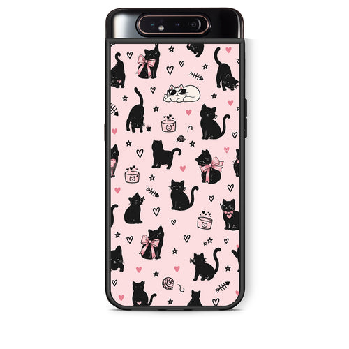 Θήκη Samsung Galaxy A80 Black Cat Doodles on Pink από τη Smartfits με σχέδιο στο πίσω μέρος και μαύρο περίβλημα | Samsung Galaxy A80 Black Cat Doodles on Pink case with colorful back and black bezels