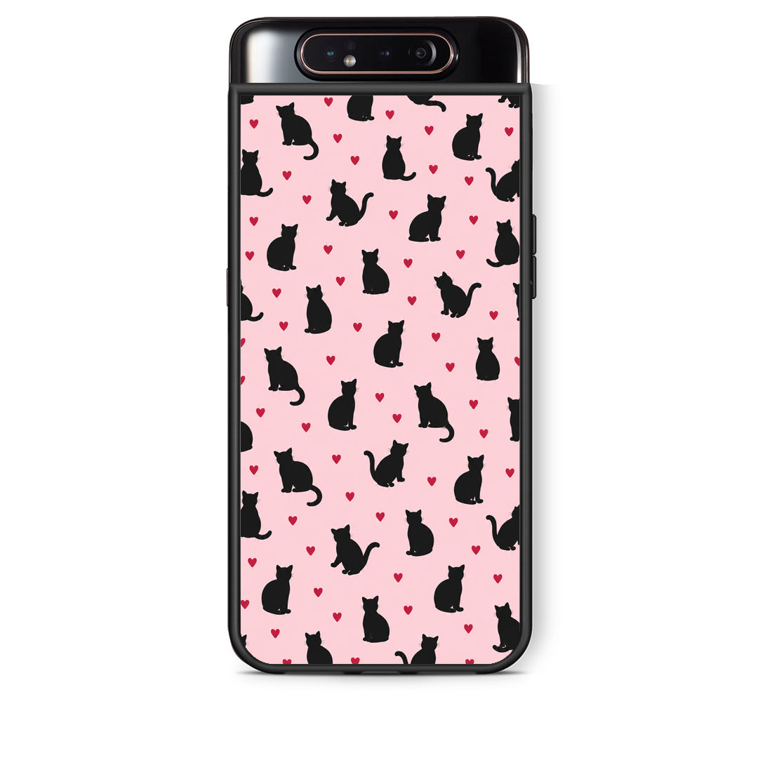 Θήκη Samsung Galaxy A80 Black Cat Silhouettes and Hearts on Pink από τη Smartfits με σχέδιο στο πίσω μέρος και μαύρο περίβλημα | Samsung Galaxy A80 Black Cat Silhouettes and Hearts on Pink case with colorful back and black bezels