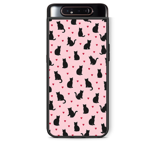 Θήκη Samsung Galaxy A80 Black Cat Silhouettes and Hearts on Pink από τη Smartfits με σχέδιο στο πίσω μέρος και μαύρο περίβλημα | Samsung Galaxy A80 Black Cat Silhouettes and Hearts on Pink case with colorful back and black bezels