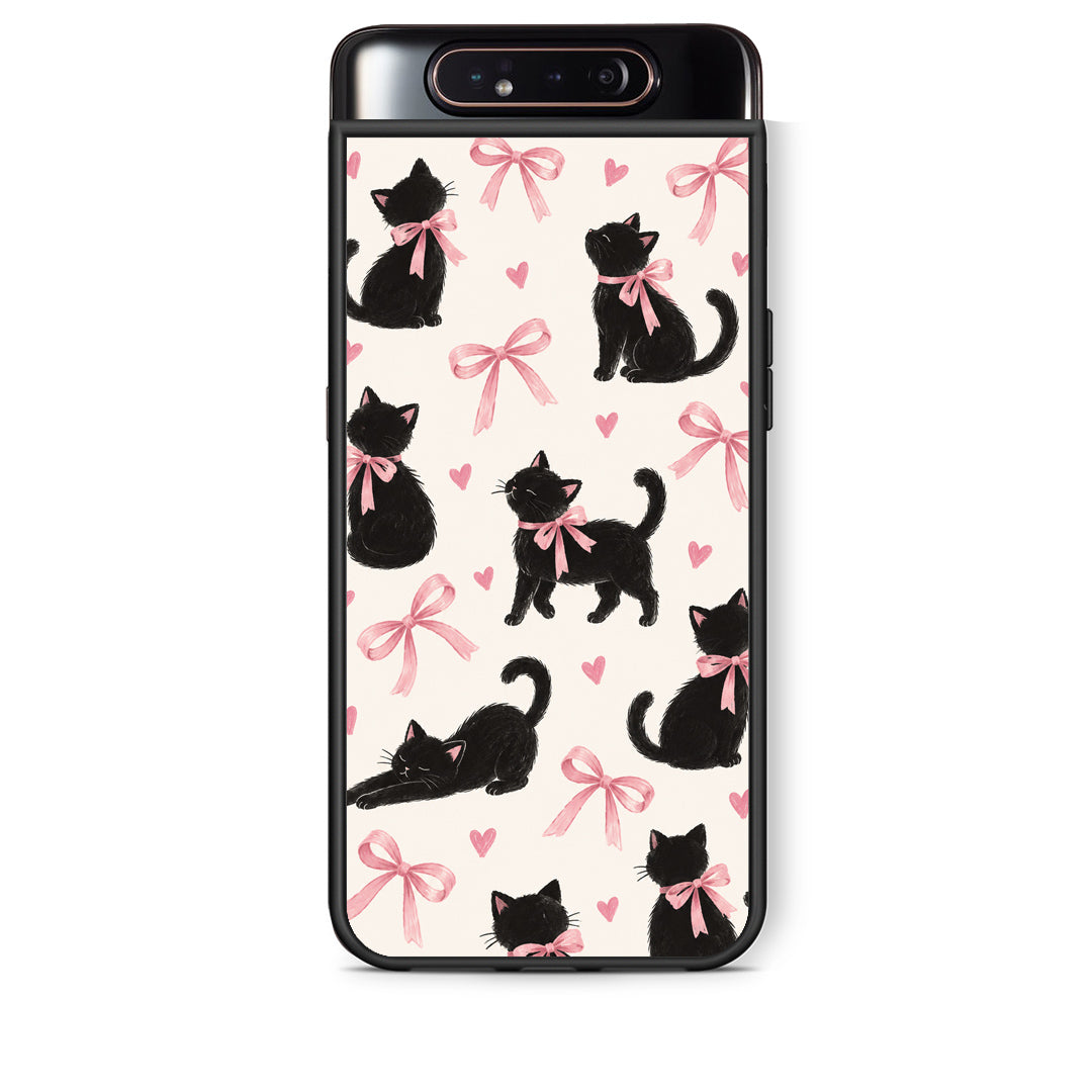 Θήκη Samsung Galaxy A80 Black Kittens and Pink Bows on Cream Large από τη Smartfits με σχέδιο στο πίσω μέρος και μαύρο περίβλημα | Samsung Galaxy A80 Black Kittens and Pink Bows on Cream Large case with colorful back and black bezels