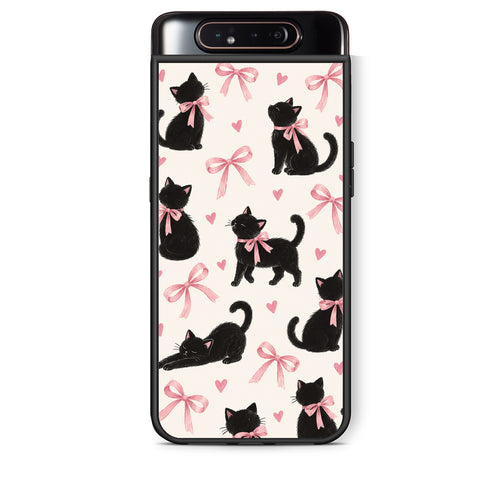 Θήκη Samsung Galaxy A80 Black Kittens and Pink Bows on Cream Large από τη Smartfits με σχέδιο στο πίσω μέρος και μαύρο περίβλημα | Samsung Galaxy A80 Black Kittens and Pink Bows on Cream Large case with colorful back and black bezels