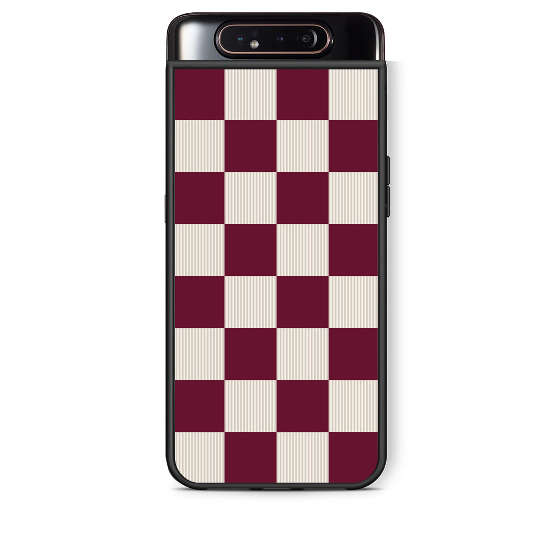 Θήκη Samsung Galaxy A80 Burgundy and Cream Striped Checks από τη Smartfits με σχέδιο στο πίσω μέρος και μαύρο περίβλημα | Samsung Galaxy A80 Burgundy and Cream Striped Checks case with colorful back and black bezels