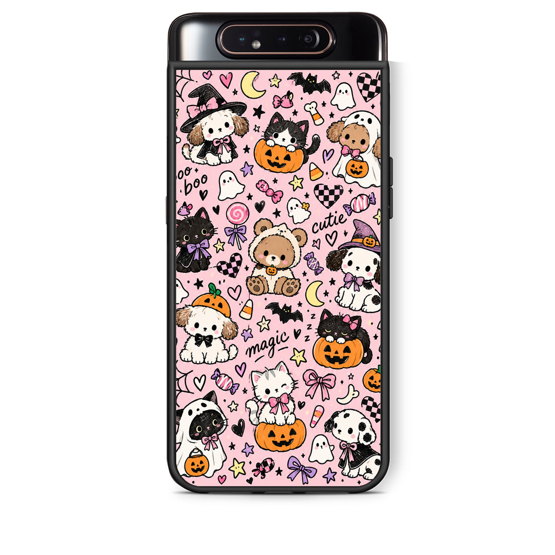 Θήκη Samsung Galaxy A80 Halloween Cute Animals on Pink από τη Smartfits με σχέδιο στο πίσω μέρος και μαύρο περίβλημα | Samsung Galaxy A80 Halloween Cute Animals on Pink case with colorful back and black bezels
