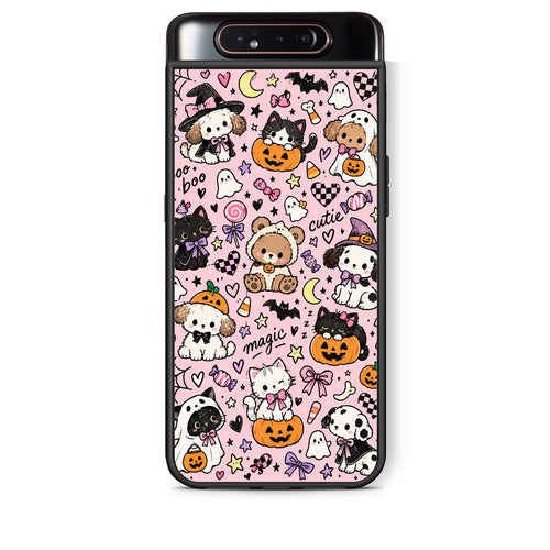 Θήκη Samsung Galaxy A80 Halloween Cute Animals on Pink από τη Smartfits με σχέδιο στο πίσω μέρος και μαύρο περίβλημα | Samsung Galaxy A80 Halloween Cute Animals on Pink case with colorful back and black bezels